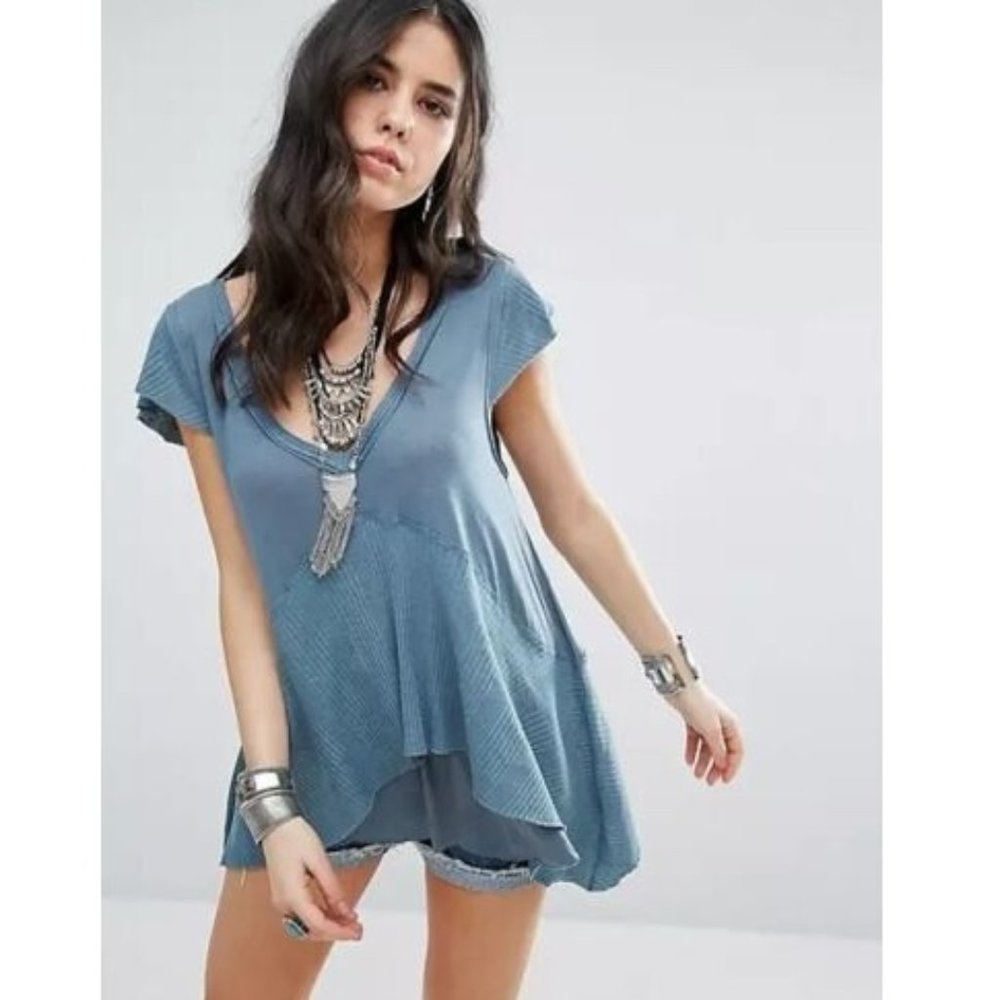 Free People Mary Anne Layered Tee Tiered V-Neck Ribbed Asymmetric | sz L